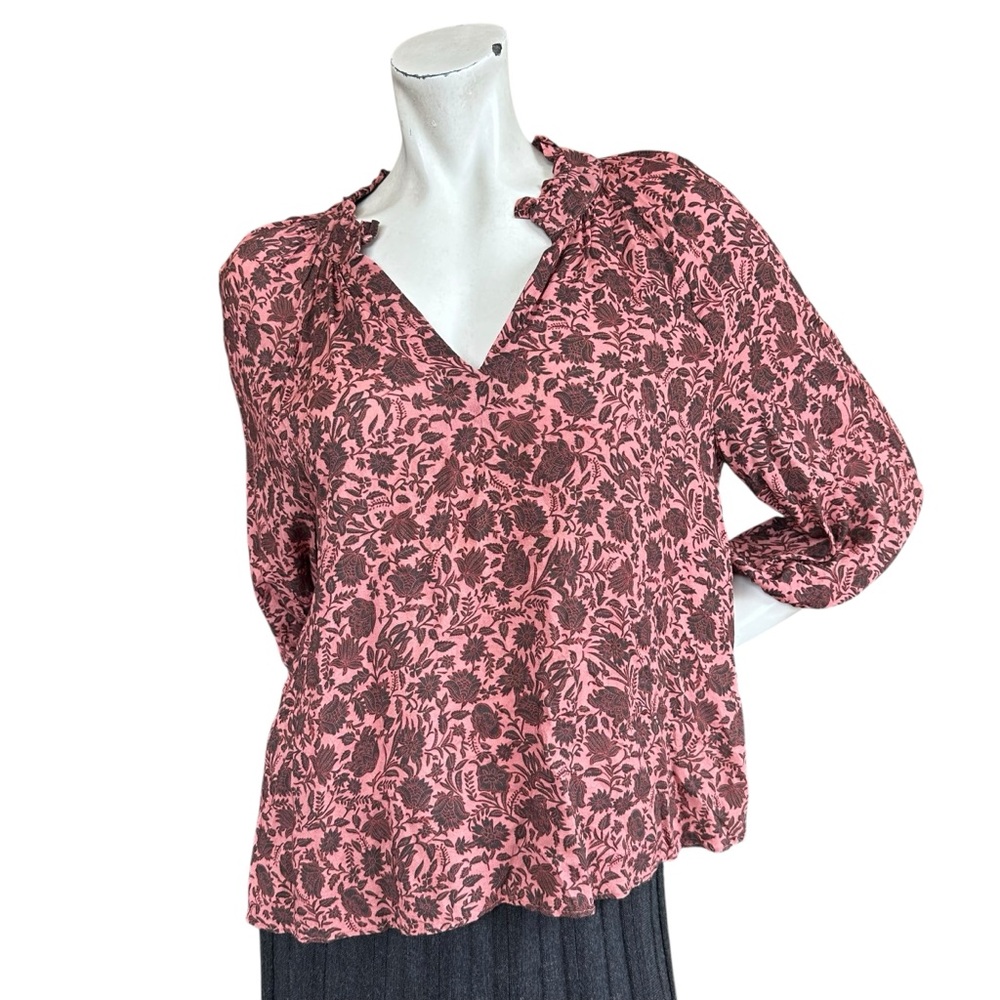 Faherty Portia Peasant Pink Black Floral Print Flowy Long Sleeve Blouse Small